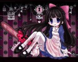  1girl 2000s_(style) aguchi animal apron aya_drevis birdcage black_hair black_shoes blood blood_on_clothes blood_on_weapon blue_dress blue_eyes bow buttons cage chainsaw character_name collarbone collared_dress commentary dress english_commentary hair_bow heart holding holding_chainsaw key lock long_hair looking_at_viewer mad_father open_mouth patterned_background rabbit red_bow shoes small_sweatdrop thigh-highs weapon white_apron white_thighhighs 