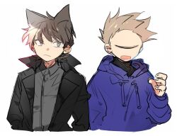  2boys animification black_coat black_shirt blue_hoodie brown_hair coat collared_shirt cropped_torso drawstring ear_piercing eddsworld flipped_hair frown grey_eyes grey_shirt hair_behind_ear hair_ears hood hood_down hoodie long_sleeves male_focus multiple_boys nana_(ebitokanimiso) open_mouth piercing prototype_design shirt short_hair simple_background sketch spiky_hair third-party_source tom_(eddsworld) tord_(eddsworld) trench_coat turtleneck turtleneck_shirt white_background 