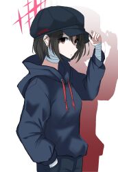  bad_link bdsm beret black_hair black_jacket blue_archive bondage bound core1013 halo hand_in_pocket hand_on_own_hat hat highres jacket looking_at_viewer misaki_(blue_archive) red_eyes red_halo shadow 