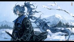  1boy bare_tree black_border black_gloves black_jacket blue_hair blue_lips border fingerless_gloves from_side gloves hair_between_eyes idia_shroud jacket kaimen_mo katana long_hair long_sleeves looking_ahead male_focus mountain open_clothes open_jacket outdoors ponytail sky snow sword tree twisted_wonderland upper_body very_long_hair weapon 