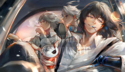  3boys ahoge black_necktie blue_eyes can car cigarette collared_shirt commentary edmond_dantes_(fate) english_commentary facial_mark fate/grand_order fate_(series) grey_hair highres holding holding_can james_moriarty_(ruler)_(fate) lollipop_in_mouth male_focus motor_vehicle multiple_boys necktie oberon_(fate) oberon_(third_ascension)_(fate) renrenka_noi shirt short_hair sideways_glance smoking white_shirt 