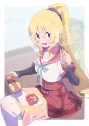  1girl :d apple_rabbit bento blonde_hair blush border bow bowtie chopsticks commentary_request feet_out_of_frame food food_art green_bow green_bowtie hair_between_eyes highres holding holding_chopsticks layered_sleeves long_hair long_sleeves looking_at_viewer magia_record:_mahou_shoujo_madoka_magica_gaiden mahou_shoujo_madoka_magica open_mouth outside_border plaid_clothes plaid_skirt ponytail red_eyes red_sailor_collar red_skirt sailor_collar school_uniform serafuku serizawa_serizane shirt short_over_long_sleeves short_sleeves sitting skirt smile solo thigh-highs togame_momoko watermark white_border white_shirt white_thighhighs 