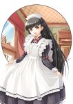  black_hair bonnet bow curtsey curtsy frills laugh laughing long_hair maid original signature yuu_(artist) yuu_(yuyukaikan) 