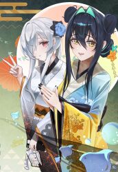  2girls absurdres black_hair cinderella_(nikke) commentary double_bun english_commentary goddess_of_victory:_nikke hair_between_eyes hair_bun hair_intakes highres japanese_clothes kimono little_mermaid_(nikke) looking_at_viewer multiple_girls one_eye_covered open_mouth praying print_background print_kimono red_eyes shouyou_(egcr8334) sidelocks v white_hair yellow_eyes 