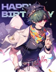  1boy alternate_costume animal_hat bandaid bandaid_on_arm beanie black_hat black_shirt bracelet candy cat_hat character_name coat coat_on_shoulders collar commentary_request earrings food green_hair grin hair_over_one_eye hand_in_pocket happy_birthday hat holding holding_candy holding_food holding_lollipop jewelry lighter_(zenless_zone_zero) lollipop looking_at_viewer looking_over_eyewear male_focus multiple_scars orsat pants ring scar scar_on_chest scar_on_shoulder shirt short_hair smile solo sunglasses torn_clothes torn_shirt white_coat white_pants zenless_zone_zero 