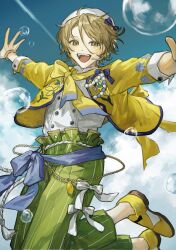  1boy beret blonde_hair blue_bow blue_sash blue_sky bow bracelet brown_eyes bubble clouds commentary contrail ensemble_stars! green_pants hair_between_eyes hat highres jacket jewelry jumping kaimen_mo looking_at_viewer male_focus microphone official_alternate_costume open_mouth outstretched_arms pants sash shiratori_aira_(ensemble_stars!) shirt shirt_tucked_in short_hair sky smile solo striped_clothes striped_pants symbol-only_commentary teeth upper_teeth_only vertical-striped_clothes vertical-striped_pants white_bow white_shirt yellow_jacket 