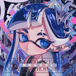  1girl black_shirt blue_eyes blue_hair blue_outline closed_mouth ear_piercing expressionless eyebrow_cut eyebrow_piercing face_piercing highres inkling inkling_girl inkling_player_character jewelry key key_necklace long_hair necklace nezumi_(tuboshu2013) outline piercing pointy_ears portrait sample_watermark shirt solo spiked_hair_ornament splatoon_(series) tentacle_hair watermark 