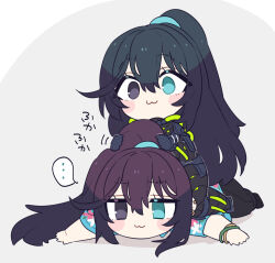  2boys :3 aqua_eyes armor black_armor black_eyes black_hair blue_shirt bracelet chibi chibi_only commentary half_updo hawaiian_shirt heterochromia highres hong_lu_(project_moon) jewelry jitome k_corp._(identity)_(project_moon) limbus_company long_hair multiple_boys project_moon shiki_(shikki46) shirt simple_background tingtang_gang_(identity)_(project_moon) very_long_hair white_background 