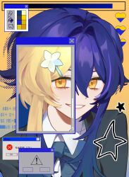  ! 1girl alternate_color alternate_costume black_jacket blazer blonde_hair blue_bow blue_bowtie blue_flower bow bowtie collared_shirt color_switch commentary_request contemporary error_message eyelashes flower genshin_impact hair_color_switch hair_flower hair_intakes hair_ornament hairclip heart highres jacket korean_commentary large_bow looking_at_viewer lumine_(genshin_impact) multicolored_flower palette_swap parted_lips profile purple_hair school_uniform shirt short_hair short_hair_with_long_locks sia37068010 sidelocks smile solo star_(symbol) undershirt white_flower white_mouth white_shirt window_(computing) wing_collar yellow_background yellow_eyes 
