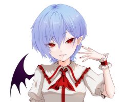  1girl bat_wings black_wings blue_hair breasts highres merihari07 no_headwear pink_shirt pointy_ears red_eyes red_nails remilia_scarlet shirt simple_background solo touhou upper_body white_background wings 