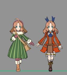  1girl bag blue_eyes boots brown_hair carol_anderson closed_mouth commentary_request cosplay creator_connection dress full_body gloves hair_ornament hat highres long_hair looking_at_viewer mariel_(wild_arms) senki_zesshou_symphogear serena_cadenzavna_eve smile solo tomaty. wild_arms wild_arms_1 wild_arms_5 