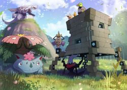  aegislash aqua_eyes blue_sky bright_pupils closed_mouth clouds commentary_request darkrai day fangs flareon floating flower grass highres holding holding_shield leaf mega_venusaur no_humans nostrils outdoors palkia pink_flower plant pokemon pokemon_(creature) pokemon_focus pupu_ayaba red_eyes shield sky smile stakataka torchic venusaur vines white_pupils xatu 