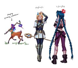  3girls absurdly_long_hair anger_vein armor armored_boots arrow_(symbol) bare_shoulders black_boots black_shirt blonde_hair blue_bodysuit blue_hair bodysuit boots braid breastplate bruise bruise_on_back bruise_on_leg centauroid cloud_tattoo commentary crop_top crossed_arms english_commentary english_text eulaleth facing_another fold-over_boots full_body gameplay_mechanics highres holding holding_staff injury jinx_(league_of_legends) league_of_legends lillia_(league_of_legends) long_hair lux_(league_of_legends) medium_hair multiple_girls pants purple_hair purple_pants shirt simple_background skirt staff sweatdrop tattoo taur twin_braids very_long_hair white_background white_skirt 