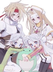  2boys 2girls absurdres armor bare_shoulders black_pantyhose blonde_hair blue_eyes blush breasts brown_eyes closed_mouth clothing_cutout coat commentary_request cress_albane dio_(tales) dress flipped_hair gloves green_coat hair_intakes hand_on_another's_shoulder hat headband highres kneeling kururu_(tales) long_hair long_sleeves looking_at_viewer mel_(tales) mint_adenade multiple_boys multiple_girls nancykittyu nurse_cap open_mouth pants pantyhose pink_coat purple_hair red_headband short_hair short_sleeves shoulder_cutout simple_background smile tales_of_(series) tales_of_phantasia tales_of_phantasia:_narikiri_dungeon white_background white_dress white_gloves white_hat white_headband white_pants 