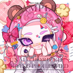  1girl ;3 animal_ear_hairband animal_ears bandaid bandaid_on_face bear_ears bear_hair_ornament bow brown_hairband cat_hair_ornament closed_mouth fake_animal_ears fang fang_out hair_bow hair_ornament hairband hairclip hands_on_own_cheeks hands_on_own_face heart heart_hair_ornament highres jewelry long_sleeves looking_at_viewer medium_hair nezumi_(tuboshu2013) octoling octoling_girl octoling_player_character one_eye_closed parted_bangs pink_bow pink_hair plaid_bow portrait ring sample_watermark shirt smile solo splatoon_(series) star_(symbol) star_hair_ornament star_sticker sticker sticker_on_face tentacle_hair violet_eyes watermark white_shirt x_hair_ornament 