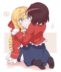  ! 2girls aka_fukurou blonde_hair blue_eyes blush bow brown_hair claire_francois closed_mouth collared_shirt commentary_request curly_hair hand_on_another's_face hand_on_another's_shoulder highres kneeling long_hair long_sleeves looking_at_another multiple_girls nervous_sweating rae_taylor red_bow school_uniform shirt spoken_exclamation_mark sweat twitter_username very_long_hair watashi_no_oshi_wa_akuyaku_reijou yuri 