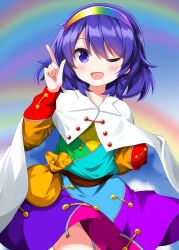  1girl ;d blush cape commentary cowboy_shot dress hairband hand_up highres long_sleeves looking_at_viewer multicolored_dress one_eye_closed open_mouth print_cape purple_hair rainbow rainbow_hairband ruu_(tksymkw) short_hair sky_print smile solo tenkyuu_chimata touhou two-sided_cape two-sided_fabric violet_eyes white_cape 