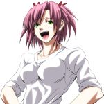  breasts face green_eyes hair_ribbon hands_on_hips imizu_(nitro_unknown) laughing mahou_sensei_negima mahou_sensei_negima! pink_hair ribbon sasaki_makie short_hair short_twintails sleeves_rolled_up solo teeth tongue twintails 