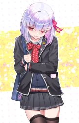  1girl absurdres alternate_costume bag black_jacket bow bowtie cellphone colored_inner_hair commentary fate/grand_order fate_(series) hair_ribbon highres jacket kama_(fate) kaworu13 multicolored_hair phone pink_hair red_bow red_bowtie red_eyes ribbon school_uniform short_hair shoulder_bag skindentation skirt smartphone sweater symbol-only_commentary thigh-highs thighs white_hair zettai_ryouiki 
