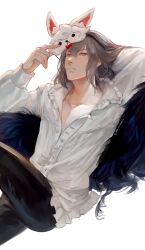  1boy black_pants blue_eyes character_mask fate/grand_order fate_(series) feather_cape fou_(fate) frilled_shirt_collar frills hair_between_eyes highres long_sleeves looking_at_viewer male_focus mask mask_lift oberon_(fate) oberon_(third_ascension)_(fate) pants renrenka_noi simple_background sitting solo white_background 