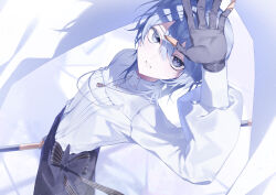  1girl absurdres arm_up black_gloves black_pants blue_eyes blue_hair bob_cut commentary double-parted_bangs english_commentary gang_h gloves grin hair_between_eyes highres holding hololive hoshimachi_suisei hoshimachi_suisei_(spectra_of_nova) jewelry looking_at_viewer necklace official_alternate_costume official_alternate_hairstyle pants shirt shirt_tucked_in short_hair smile solo star_(symbol) star_in_eye symbol_in_eye virtual_youtuber white_shirt 