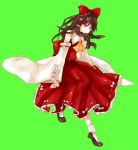  1girl bad_id brown_hair dada_(dolce) detached_sleeves dress hair_ribbon hair_ribbons hakurei_reimu long_hair red_eyes ribbon ribbons solo touhou 