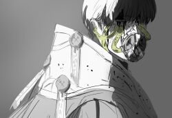  1boy armor black_hair blood blood_from_forehead commentary english_commentary from_side grey_background greyscale half-closed_eyes highres hvcassini98 limbus_company looking_at_viewer male_focus mask meursault_(project_moon) monochrome n_corp._fanatic_(identity)_(project_moon) official_alternate_costume project_moon short_hair solo spot_color tube wax_seal 