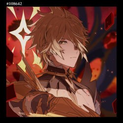  1boy alternate_form blonde_hair chinese_commentary commentary_request cracked_skin hair_over_one_eye halo halo_behind_head highres honkai:_star_rail honkai_(series) male_focus material_growth phainon_(honkai:_star_rail) phainon_(khaslana)_(honkai:_star_rail) short_hair solo spiky_hair yellow_eyes yiyiyiyi670 