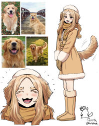  1girl absurdres animal_ears beret black_eyes blush boots brown_boots brown_coat brown_gloves brown_hair brown_scarf closed_eyes coat dog dog_ears dog_girl dog_tail facing_viewer full_body fur-trimmed_boots fur-trimmed_coat fur-trimmed_sleeves fur_trim gegegekman gloves golden_retriever happy_aura hat highres knee_boots long_hair long_sleeves looking_at_viewer multiple_views open_mouth original photo_inset portrait reference_inset scarf simple_background smile tail tail_wagging tongue tongue_out twitter_username white_background white_hat 
