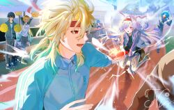  >_< 2boys 4girls arms_up blonde_hair character_request commentary_request grey_hair hairband headband holding_relay_baton i.r.i.s._(wuthering_waves) jacket long_hair luuk_herssen_(wuthering_waves) lynae_(wuthering_waves) male_rover_(wuthering_waves) mornye_(wuthering_waves) multicolored_hair multiple_boys multiple_girls om_rm1101 open_mouth pom_pom_(cheerleading) red_eyes red_hairband red_headband relay_baton relay_race rover_(wuthering_waves) see-through_body signature smile streaked_hair track_jacket track_suit wuthering_waves 