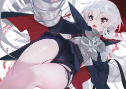  1girl absurdres arknights black_shorts commentary_request cross earrings fangs fujiwara_echi hair_between_eyes highres jewelry long_hair long_sleeves open_mouth pointy_ears red_eyes scar shorts solo stitches tagme thigh_focus thigh_strap thighs vampire warfarin_(arknights) white_background white_hair 