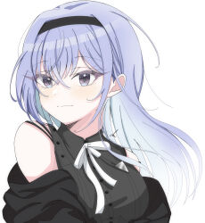  1girl 283_mei absurdres bare_shoulders black_hairband black_jacket black_shirt blue_hair blush cometik_note_(idolmaster) commentary floating_hair hairband highres idolmaster idolmaster_shiny_colors jacket jacket_partially_removed light_smile long_hair looking_at_viewer neck_ribbon official_alternate_costume ribbon shirt signature simple_background sleeveless sleeveless_shirt solo suzuki_hana upper_body violet_eyes white_background white_ribbon 