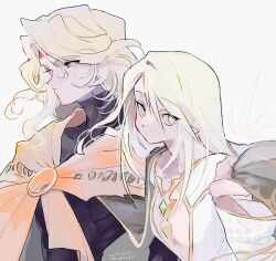  2boys absurdres black_bodysuit blonde_hair blue_eyes bodysuit cape chest_jewel cleavage_cutout clothing_cutout commentary_request dhaos_(tales) green_eyes headband highres in-franchise_crossover long_hair long_sleeves looking_afar male_focus mithos_yggdrasill multiple_boys nancykittyu orange_cape pointy_ears red_headband simple_background tales_of_(series) tales_of_phantasia tales_of_symphonia white_background 