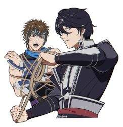  2boys black_hair black_jacket brown_hair chinese_clothes cropped_torso cross_scar grey_eyes highres holding_lasso igusaharu jacket lasso looking_at_another male_focus mask multiple_boys open_mouth parted_lips scar scar_on_arm scar_on_cheek scar_on_face shin_sangoku_musou shin_sangoku_musou_origins short_hair sign sweatdrop upper_body vambraces white_background yue_jin_(shin_sangoku_musou) ziluan_(shin_sangoku_musou) 