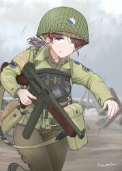  1girl 29th_infantry_division absurdres artist_name blue_eyes brown_hair brown_pants brown_shirt combat_helmet commentary_request czech_hedgehog d-day finger_on_trigger green_jacket gun gun_sling hair_ornament helmet highres invasion_of_normandy jacket looking_at_viewer m1_helmet military military_combat_uniform military_rank_insignia military_uniform original pants patch ponytail revision running savankov shirt shoulder_patch signature solo submachine_gun thompson_submachine_gun unit_patch united_states_army weapon world_war_ii 