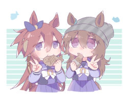  2girls beanie beer_hsk blue_ribbon bow brown_hair ear_ribbon ears_through_headwear food grey_hat hair_between_eyes hat holding holding_food long_hair long_sleeves multiple_girls nakayama_festa_(umamusume) orfevre_(old_design)_(umamusume) pleated_skirt puffy_long_sleeves puffy_sleeves purple_shirt purple_skirt ribbon school_uniform shirt skirt striped_background striped_clothes striped_headwear taiyaki tracen_school_uniform umamusume vertical-striped_clothes vertical-striped_headwear very_long_hair violet_eyes wagashi white_bow 