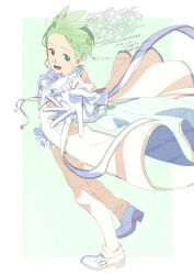  1boy :d border cilan_(pokemon) coat full_body gloves green_background green_eyes green_hair highres long_sleeves open_mouth outside_border outstretched_arm pants pokemon pokemon_bw serizawa_serizane shoes short_hair simple_background smile solo standing standing_on_one_leg watermark white_border white_gloves white_shoes yellow_coat yellow_pants 