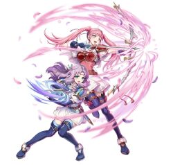 2girls armor arrow_(projectile) attack belt black_thighhighs blue_boots blue_cape blue_gloves blue_thighhighs blush boots bow_(weapon) breastplate breasts brown_belt cape circlet dagger dress elbow_gloves fighting_stance fingerless_gloves fire_emblem fire_emblem:_the_blazing_blade fire_emblem:_three_houses fire_emblem_heroes florina_(fire_emblem) florina_(skyward_wings)_(fire_emblem) gloves gomashio_ponz green_eyes hairband headband hilda_valentine_goneril hilda_valentine_goneril_(skyward_wings) holding holding_bow_(weapon) holding_dagger holding_knife holding_weapon knife long_hair looking_at_viewer multiple_girls official_alternate_costume official_art open_mouth pink_dress pink_eyes pink_hair purple_hair quiver sheath short_sleeves shoulder_armor simple_background smile thigh-highs thigh_boots twintails weapon white_background white_cape white_dress white_hairband white_headband 