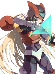  1boy absurdres armor black_eyes blonde_hair commentary_request cowboy_shot energy_sword forehead_jewel helmet highres holding holding_sword holding_weapon long_hair male_focus mega_man_(series) mega_man_zero_(series) omochi_(mochi_skymega) red_armor red_helmet simple_background solo sword weapon white_background z_saber zero(z)_(mega_man) zero_(mega_man) 