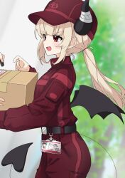  1girl 1other alternate_costume amai_nekuta bandaged_horn bat_wings belt black_belt black_horns black_tail black_wings blonde_hair blush box cardboard_box commentary_request delivery demon_tail fang from_side hat highres holding holding_box horns id_card jacket long_sleeves natori_sana open_mouth pants red_eyes red_hat red_jacket red_pants sana_channel solo_focus tail virtual_youtuber wings 