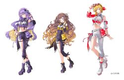  3girls anya_melfissa asymmetrical_clothes asymmetrical_sleeves black_pants black_shirt boots collared_shirt color-coded commentary_request cropped_shirt detached_sleeves full_body highres hololive hololive_idol_uniform_(color_rise) hololive_indonesia kaela_kovalskia kurohal lace-up_boots mismatched_sleeves moona_hoshinova multicolored_shirt multiple_girls official_alternate_costume pants platform_boots puffy_detached_sleeves puffy_short_sleeves puffy_sleeves shirt short_sleeves simple_background single_detached_sleeve single_pantsleg single_sleeve standing virtual_youtuber white_background white_shirt 