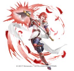  1girl arm_guards armor attack axe belt black_pantyhose blue_boots boots breastplate breasts brown_belt brown_gloves commentary_request dress feathers fighting_stance fingerless_gloves fire_emblem fire_emblem:_mystery_of_the_emblem fire_emblem:_shadow_dragon fire_emblem_heroes full_body gloves gold_trim greaves headband high_heel_boots high_heels holding holding_axe holding_weapon looking_at_viewer minerva_(above_the_stars)_(fire_emblem) minerva_(fire_emblem) multiple_belts official_alternate_costume official_art open_mouth pantyhose pauldrons red_armor red_eyes red_hair riz3 shin_guards short_dress short_hair short_sleeves shoulder_armor simple_background smile solo thigh_boots weapon white_dress white_headband 