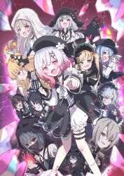  6+girls animal_ear_headphones animal_ears aqua_eyes beret bird_hat_ornament black_capelet black_choker black_dress black_flower black_gloves black_hair black_hat black_hood black_mask black_rose blonde_hair blue_dress blue_hair blue_hairband bow broken_glass capelet choker commentary cross cross_earrings deerstalker dress earrings everyone fake_animal_ears fang fire flower frilled_dress frills giorgio_(yo_sumire_sola1) glass gloves gothic_lolita gradient_hair green_bonnet green_eyes hair_ornament hair_over_one_eye hairband hasumi_leia hat hat_flower headphones heterochromia highres hikami_meruru hime_cut housho_margo jewelry jogasaki_noah kurobe_nanoka lolita_fashion lolita_hairband long_hair looking_at_viewer mahou_shoujo_no_majo_saiban multi-tied_hair multicolored_hair multiple_girls natsume_an-an nikaido_hiro o-ring o-ring_thigh_strap open_mouth orange_eyes orange_streaks pink_eyes pink_hair pointing polka_dot polka_dot_bow pyrokinesis red_eyes red_flower rose saeki_miria sakuraba_ema sawatari_coco sharp_teeth shito_alisa short_hair smile tachibana_sherry tearing_up teeth thigh_strap tono_hanna twintails veil violet_eyes white_flower white_hair white_veil x_hair_ornament yellow_flower yellow_rose 