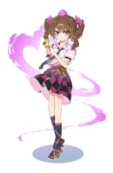  1girl absurdres black_skirt black_socks brown_hair brown_sandals camera_phone cellphone checkered_clothes checkered_skirt commentary_request crossed_arms flip_phone full_body geta hat highres himekaidou_hatate holding holding_phone kneehighs long_hair looking_at_viewer necktie phone pink_shirt puffy_short_sleeves puffy_sleeves purple_hat purple_skirt sandals shirt short_sleeves sia_6767 simple_background skirt socks solo tokin_hat touhou twintails two-tone_skirt white_background 