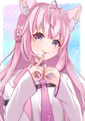  1girl animal_ear_fluff animal_ears antenna_hair blush closed_mouth coat collared_shirt commentary_request hakui_koyori hakui_koyori_(1st_costume) heart heart_hands highres hololive lab_coat looking_at_viewer necktie pink_coat pink_hair pink_necktie shirt smile solo tongue tongue_out violet_eyes virtual_youtuber white_shirt wolf_ears wolf_girl yokuto 