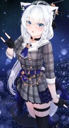  1girl absurdres ahoge animal_ear_fluff animal_ears beret black_gloves black_thighhighs blue_choker blue_eyes blue_nails blush breasts choker collared_shirt commentary cosplay english_commentary fingernails fox_ears fox_girl fox_tail gloves grey_hat grey_jacket hair_between_eyes hat highres hololive hoshimachi_suisei hoshimachi_suisei_(1st_costume) hoshimachi_suisei_(cosplay) jacket jewelry long_sleeves looking_at_viewer medium_breasts nail_polish night open_mouth partially_fingerless_gloves pentagram plaid_clothes plaid_hat plaid_jacket shirakami_fubuki shirt sky solo st-147 star_(sky) star_(symbol) star_choker starry_sky tail thigh-highs thigh_strap virtual_youtuber white_hair white_shirt 