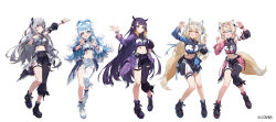  5girls :d animal_ears asymmetrical_clothes asymmetrical_sleeves black_pants black_shirt black_skirt boots collared_shirt color-coded colored_tips commentary_request company_name concert cone_hair_bun copyright_notice cropped_shirt detached_sleeves dog_ears dog_girl dog_tail double_bun full_body fuwawa_abyssgard hair_bun highres hololive hololive_english hololive_idol_uniform_(color_rise) hololive_indonesia idol idol_clothes kobo_kanaeru lace-up_boots long_hair looking_at_viewer midriff miniskirt mismatched_sleeves mococo_abyssgard multicolored_hair multicolored_shirt multiple_girls navel ninomae_ina'nis official_alternate_costume official_art pants platform_boots pointy_ears puffy_detached_sleeves puffy_short_sleeves puffy_sleeves r1zen shirt short_hair short_sleeves siblings simple_background single_detached_sleeve single_pantsleg single_sleeve sisters skirt smile standing tail tentacle_hair thigh-highs twins very_long_hair vestia_zeta virtual_youtuber wavy_hair white_background white_shirt white_skirt white_thighhighs 