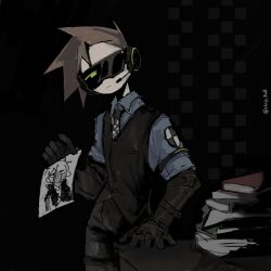  1boy black_gloves black_pants black_vest blue_shirt book book_stack brown_hair checkered_necktie collared_shirt commentary cowboy_shot edd_(eddsworld) eddsworld english_commentary future_edd_(eddsworld) future_tom_(eddsworld) gloves headset highres holding holding_photo lcd male_focus necktie pants photo_(object) shirt short_hair signature skrip_0w0 solo spiky_hair standing sunglasses tom_(eddsworld) vest 