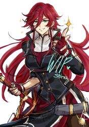  1girl artist_name breasts celis_ortesia clothing_cutout double-parted_bangs earrings eiyuu_densetsu english_commentary english_text finger_gun fingerless_gloves floating_hair glint glove_cutout gloves green_eyes grin hair_between_eyes high_collar highres holding holding_sword holding_weapon jewelry kuro_no_kiseki_(series) kuro_no_kiseki_i large_breasts long_hair long_sleeves looking_at_viewer parted_lips red_gloves red_hair shiruuruu simple_background sketch smile solo sparkle sword unfinished upper_body very_long_hair weapon white_background 