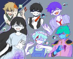  1girl 5boys :d alternate_eye_color antenna_hair armor bad_id bad_tumblr_id bags_under_eyes bare_arms bare_shoulders basil_(faraway)_(omori) basil_(headspace)_(omori) basil_(omori) black_hair black_tank_top blood blood_from_forehead blood_on_face blue_dress blue_gloves blue_hair blue_hairband blue_overalls blue_skin bossman_hero bruise bruise_on_arm buttons captain_spaceboy clenched_teeth collarbone collared_shirt colored_sclera colored_skin commentary cropped_torso cross-eyed crying crying_with_eyes_open double-parted_bangs dress drooling dual_persona english_commentary eyepatch fangs fingerless_gloves flower flower_wreath gem gloves glowing glowing_eyes green_hair green_shirt grey_background grey_jacket grin hair_behind_ear hair_between_eyes hairband hand_up hands_up head_wreath hero_(headspace)_(omori) hero_(omori) highres holding holding_jewelry holding_knife holding_ring inactive_account injury jacket jewelry knife long_hair mari_(omori) mari_(spirit)_(omori) mouth_drool multiple_boys necktie official_alternate_eye_color omori one_eye_covered open_mouth overalls petals pink_jacket pinstripe_jacket pinstripe_pattern pocket purple_hair raised_inner_eyebrows red_eyes red_necktie reference_inset ring rose scared shaded_face shirt short_hair short_sleeves shoulder_armor sidelocks simple_background smile straight_hair t-shirt tank_top tears teeth tongue turtleneck turtleneck_jacket ud01f upper_body upper_teeth_only v-shaped_eyebrows very_long_hair very_short_hair wedding_ring white_eyes white_shirt white_skin wide-eyed yellow_gem yellow_sclera 